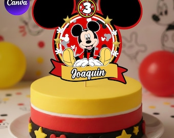 Mickey Mouse Birthday Cake Topper, Editable Name Age, Canva Digital Download