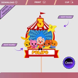 May include: A colorful birthday cake topper featuring a circus tent design with the number 3 and the name "Felipe". The topper includes cartoon characters and is designed for digital products.