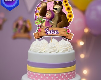 Masha and Bear Birthday Cake Topper, Editable Name Age, Kids Party Decoration (Digital Download)