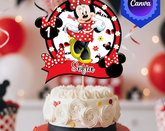 Minnie Mouse Birthday Cake Topper Editable Canva Template Personalized Party Decoration Printable Digital Download