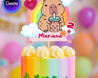 Capybara Bubble Tea Cake Topper, Rainbow Kawaii Birthday Decoration (Canva Template)