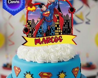 Editable Superman Cake Topper Canva Template, Superhero Birthday Party Decoration, Personalized Printable PNG DIY