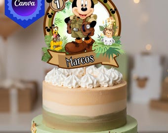 Safari Mouse Cake Topper, Editable Jungle Birthday Party Decor (Digital Download)