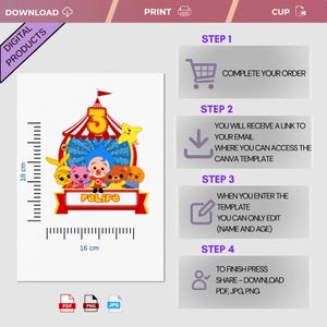 May include: A digital product template for a birthday party invitation. The design features a circus tent with the number 3, cartoon characters, and the name "Felipe." The template measures 16 cm x 18 cm and is available in PDF, PNG, and JPG formats.