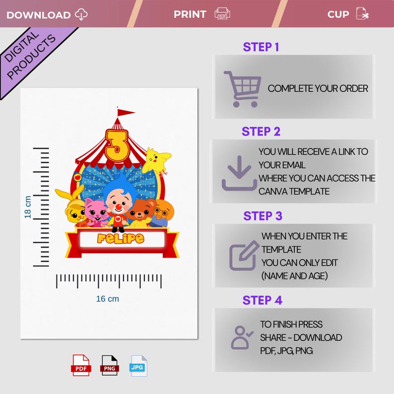 May include: A digital product template for a birthday party invitation. The design features a circus tent with the number 3, cartoon characters, and the name "Felipe." The template measures 16 cm x 18 cm and is available in PDF, PNG, and JPG formats.