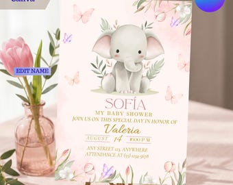 Baby Shower Invitation Girl, Pink Floral Elephant Invite, Watercolor Butterfly (Digital Download)