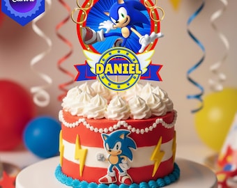 Editable Sonic Cake Topper Canva Template, Personalized Gamer Birthday Decoration Printable, Instant Download