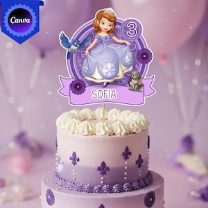 May include: A two-tiered cake with purple ombre frosting, topped with a Sofia the First cake topper. The topper features a cartoon princess, a blue bird, a rabbit, and the number 3. The cake is decorated with fleur-de-lis and white frosting.