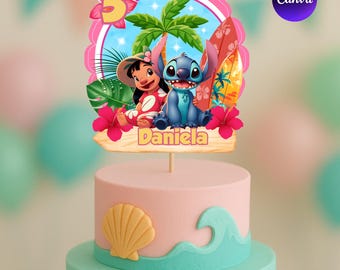 Lilo Stitch Tropical Birthday Cake Topper, Hawaiian Party Decor (Editable Download)