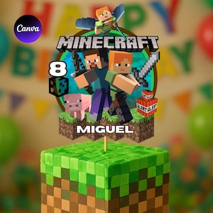 Decorazione per torta di compleanno a tema videogiochi Pixel Gamer, personalizzabile e modificabile su Canva – Decorazione per torta in stile Pixel Gamer.