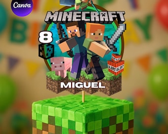 Editable Party  in Canva Personalized Blocks Video Game Birthday Cake Topper for Boys – Pixel Gamer Style Cake Topper