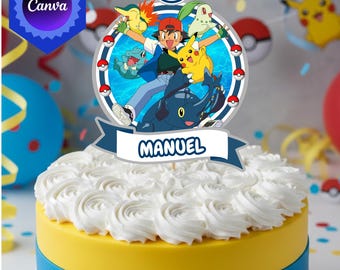 Editable Pokemon cake topper in Canva, digital children's birthday cake decoration, great anime party decoration ready to print