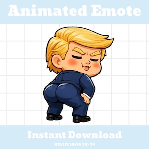 May include: Animated Emote graphic of a cartoon character with blonde hair and a blue suit, in a squatting position. The character has a stern expression and rosy cheeks. The words "Animated Emote" and "Instant Download" are displayed.