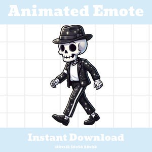 May include: Animated Emote graphic of a skeleton wearing a black suit and hat with sparkling accents, walking. The skeleton has a white skull and is wearing a white shirt. The words "Instant Download" are at the bottom.