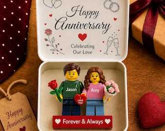 Regalo personalizado de aniversario para parejas con figuras de ladrillo, minifiguras personalizadas con nombres y caja de recuerdos.