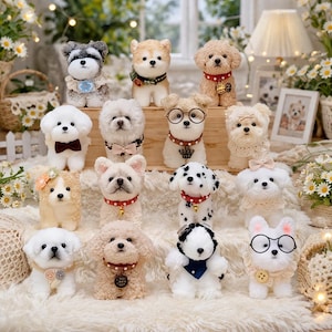 May include: A collection of plush dog figurines in various breeds and styles. The dogs are adorned with accessories like bows, collars, and glasses. The color palette includes white, brown, black, and gray, with decorative accents.