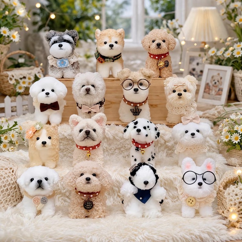 May include: A collection of plush dog figurines in various breeds and styles. The dogs are adorned with accessories like bows, collars, and glasses. The color palette includes white, brown, black, and gray, with decorative accents.