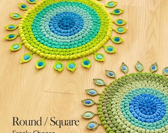 Handmade Crochet Chair Cushion, Peacock Feather, Boho Seat Pad, Round or Square Home Decor