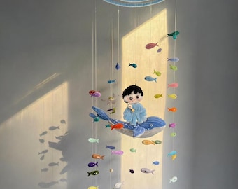 Móvil de ballenas y peces hecho a mano, decoración personalizable para la habitación del bebé, juguete colgante del océano.