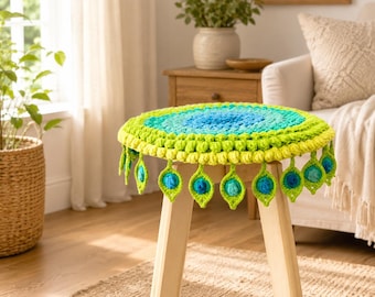Cojín de silla de ganchillo hecho a mano, pluma de pavo real, cojín de asiento bohemio, decoración para el hogar redonda o cuadrada