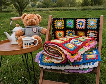 Handmade Crochet Chair Cushion, Colorful Granny Square Seat Pad, Boho Bench Mat
