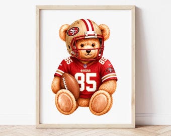 Lámina de acuarela con diseño de osito de peluche y fútbol americano (número 85), decoración para habitación infantil en San Francisco (descarga digital).