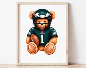 Lámina de acuarela con osito de peluche del equipo de fútbol americano de Filadelfia, decoración para habitación infantil (descarga digital)