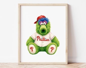 Lámina artística de la mascota de Filadelfia en acuarela estilo vintage, regalo para aficionados al béisbol de Filadelfia, decoración para habitación infantil, póster deportivo imprimible, descarga digital.