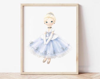 Lámina de Cenicienta en acuarela, arte infantil de cuento de hadas en tonos pastel (descarga digital)