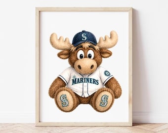 Lámina artística de la mascota de Seattle en acuarela estilo vintage, regalo para aficionados al béisbol de los Mariners, decoración para habitación infantil, póster deportivo imprimible, descarga digital.