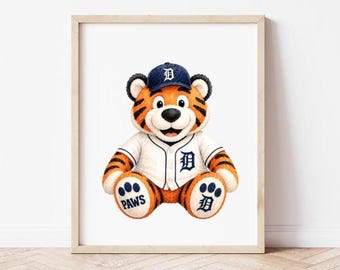 Lámina artística de la mascota de los Tigres en acuarela estilo vintage, regalo para aficionados al béisbol de Detroit, decoración para habitación infantil, póster deportivo imprimible, descarga digital.