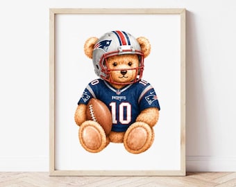 Lámina de acuarela con diseño de osito de peluche y fútbol americano (10 unidades), decoración infantil de Nueva Inglaterra (descarga digital).