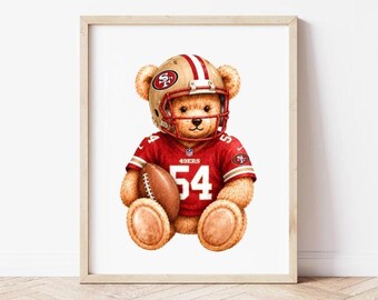 Lámina de acuarela con diseño de osito de peluche y fútbol americano (número 54), decoración para habitación infantil en San Francisco (descarga digital).