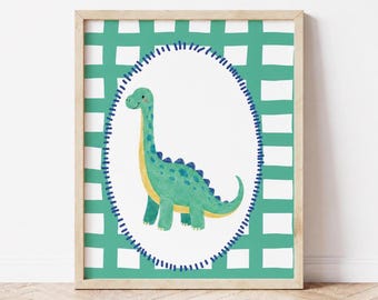 Lindo póster de dinosaurios para la habitación infantil, lámina digital de dinosaurios juguetones, decoración para la sala de juegos de los niños, póster de animales con rayas verdes.