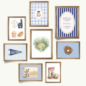 Peut inclure: Une collection d'impressions d'art encadrées sur le thème du baseball. Les impressions présentent des illustrations à l'aquarelle d'équipement de baseball, d'un terrain de baseball, d'un ours en peluche et du texte qui dit "GO TEAM" et "BASEBALL WAS, IS, AND ALWAYS WILL BE the best game IN THE WORLD TO ME."