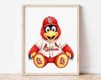 Lámina artística de la mascota de St. Louis en acuarela estilo vintage, regalo para aficionados al béisbol de los Cardinals, decoración para habitación infantil, póster deportivo imprimible, descarga digital.