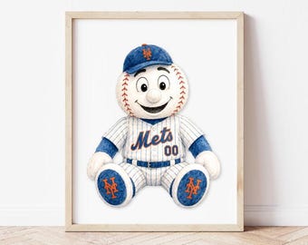 Lámina artística de la mascota de Nueva York en acuarela estilo vintage, regalo para aficionados al béisbol de los Mets, decoración para habitación infantil, póster deportivo imprimible, descarga digital.