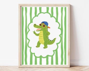 Cuadro decorativo infantil con diseño de caimán, lámina digital retro de caimán, decoración para la sala de juegos de los niños, póster divertido de rayas verdes, decoración para la habitación de un niño pequeño.