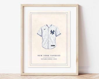 Lámina de camiseta de Nueva York en acuarela, arte mural de béisbol vintage, póster de rayas de los Bronx Bombers, decoración deportiva para habitación infantil, regalo para cueva de hombre