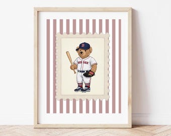 Vintage Boston Teddy Bear Print | Baseball Nursery Wall Art | Preppy Baseball Decor