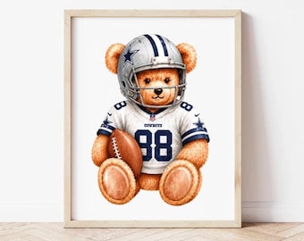 Lámina de acuarela con osito de peluche del equipo de fútbol americano de Dallas, número 88, para decoración de guardería (descarga digital).