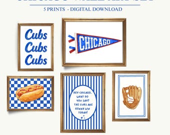 Juego de 5 láminas decorativas de béisbol de Chicago, lámina infantil vintage en acuarela, descarga digital, decoración retro para habitaciones infantiles.