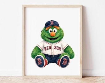 Lámina artística de Wally Mascota en acuarela estilo vintage, regalo para aficionados al béisbol de Boston, decoración para habitación infantil, póster deportivo imprimible, descarga digital.
