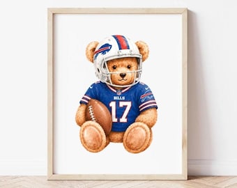 Lámina de acuarela con diseño de osito de peluche y fútbol americano (número 17), decoración para habitación infantil en Buffalo, Nueva York (descarga digital).