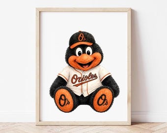 Lámina artística de la mascota de Baltimore en acuarela estilo vintage, regalo para aficionados al béisbol de los Orioles, decoración para habitación infantil, póster deportivo imprimible, descarga digital.
