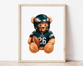 Lámina de acuarela con osito de peluche del equipo de fútbol americano de Filadelfia (número 26), ideal para la decoración de la habitación infantil (descarga digital).