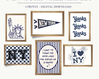 Juego de 6 láminas decorativas de béisbol de los New York Yanks, lámina vintage en acuarela para habitación infantil, descarga digital, decoración retro para habitaciones de niños.