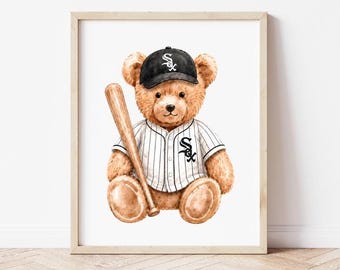 Chicago Baseball Teddy Bear Watercolor Print, Vintage Baseball Nursery Decor (Digital Download)