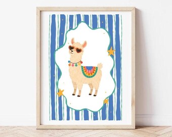 Lindo póster de llama para la habitación infantil, lámina digital de alpaca estilo boho, decoración para la sala de juegos de los niños, póster de animales con rayas azules.