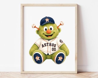 Lámina artística de la mascota de Houston en acuarela estilo vintage, regalo para aficionados al béisbol de los Astros, decoración para habitación infantil, póster deportivo imprimible, descarga digital.